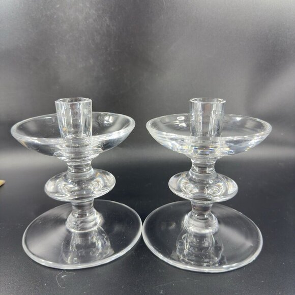 1950s Val Saint Lambert Clear Glass Candlestick Holder Votive Set 2 Signed VTG - Picture 13 of 14